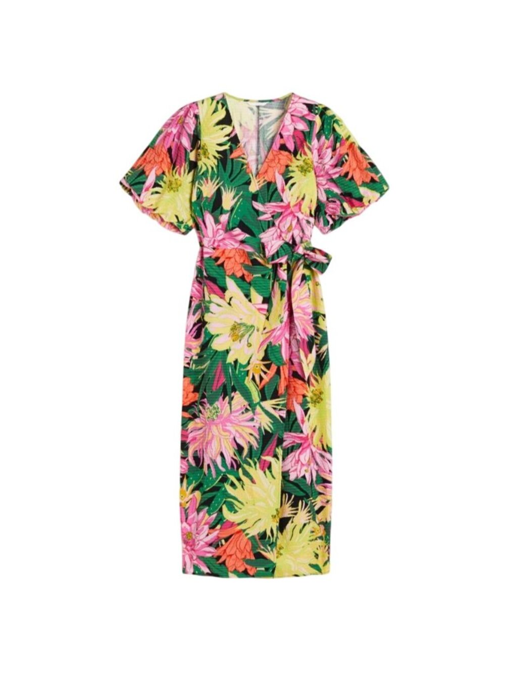 H&M Puff Sleeved Wrap Dress Green/Floral Bright Tropical XXL